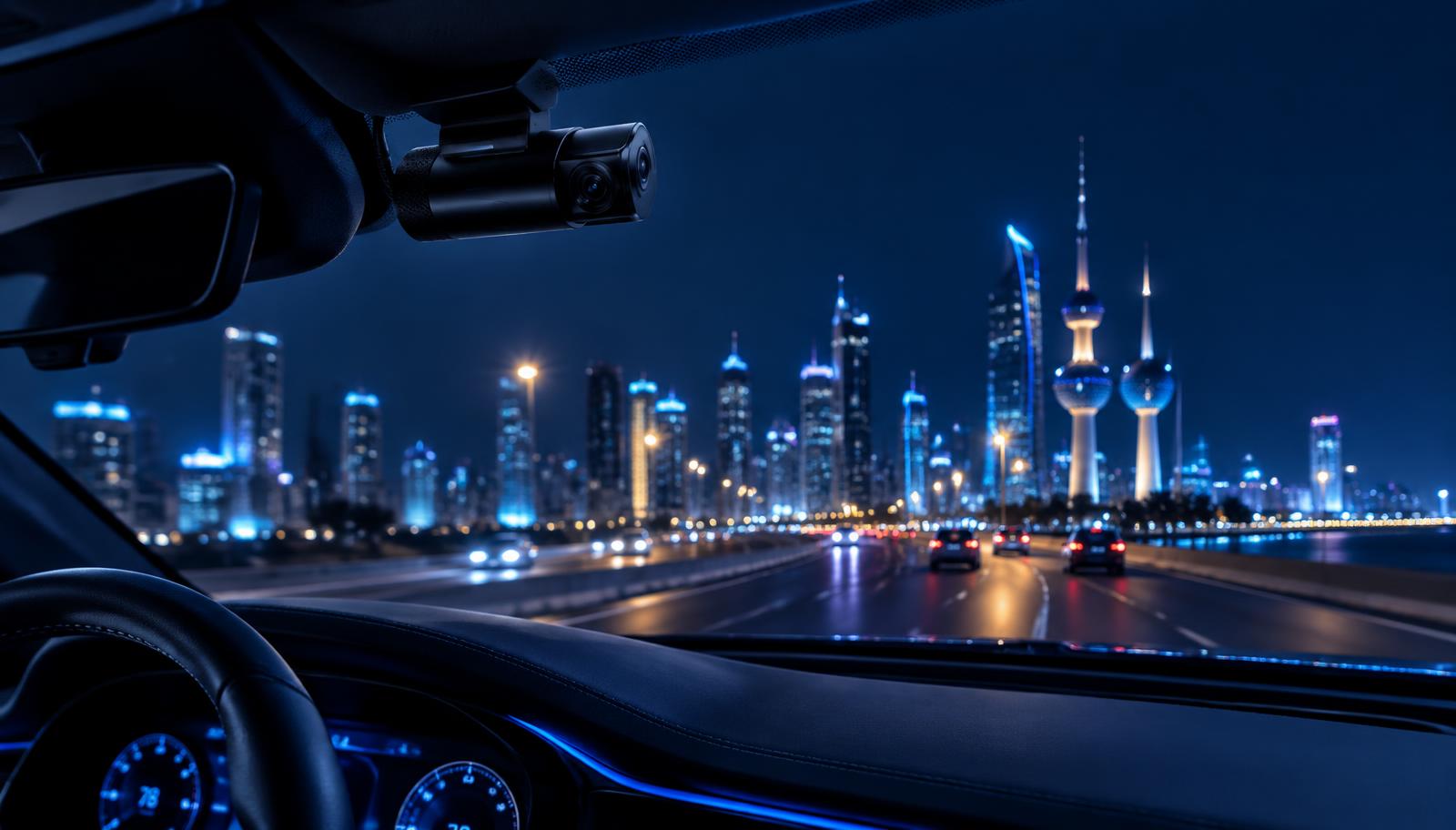 Dashcam on a Kuwait highway at night